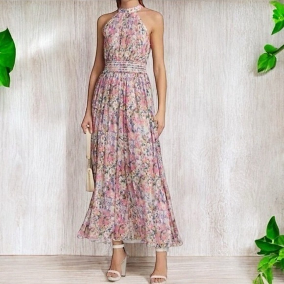 Rococo Sand Halter Maxi Dress Size XS Multicolor Floral Pleated Smocked Waist - Picture 1 of 16